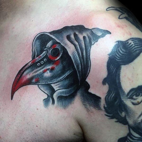 Grey And Red Ink Upper Chest Plague Doctor Male Tattoo Ideas