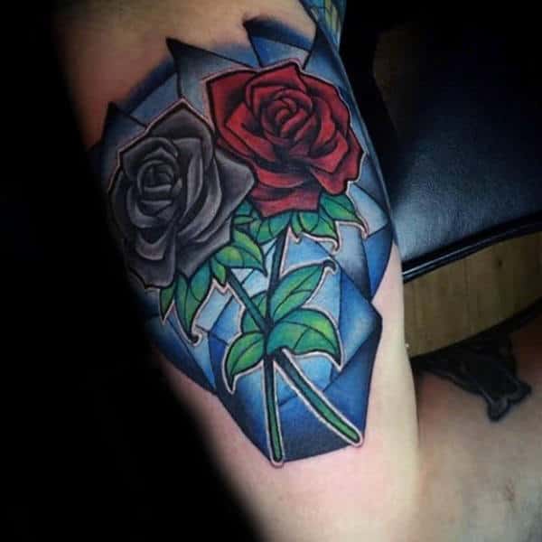 Grey And Red Roses Mens Stained Glass Tattoo