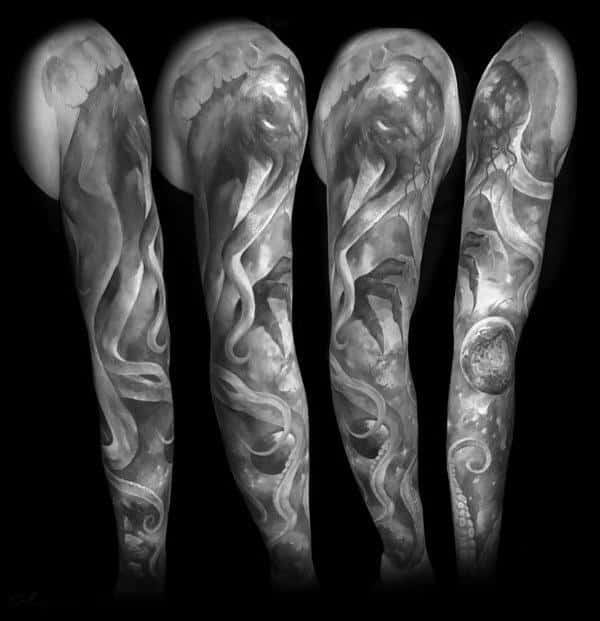 Grey And White Ink Heavily Shaded Cthulhu Full Sleeve Tattoos For Guys