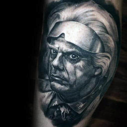 Grey And White Ink Shaded Back To The Future Doc Brown Portrait Male Arm Tattoo Ideas