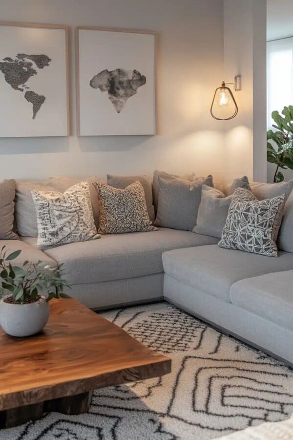 Grey and white living room with a cozy sectional, textured pillows, and a rustic wood coffee table.