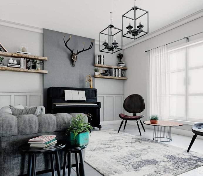 Grey and white living room with a piano, rustic shelves, and modern industrial lighting.
