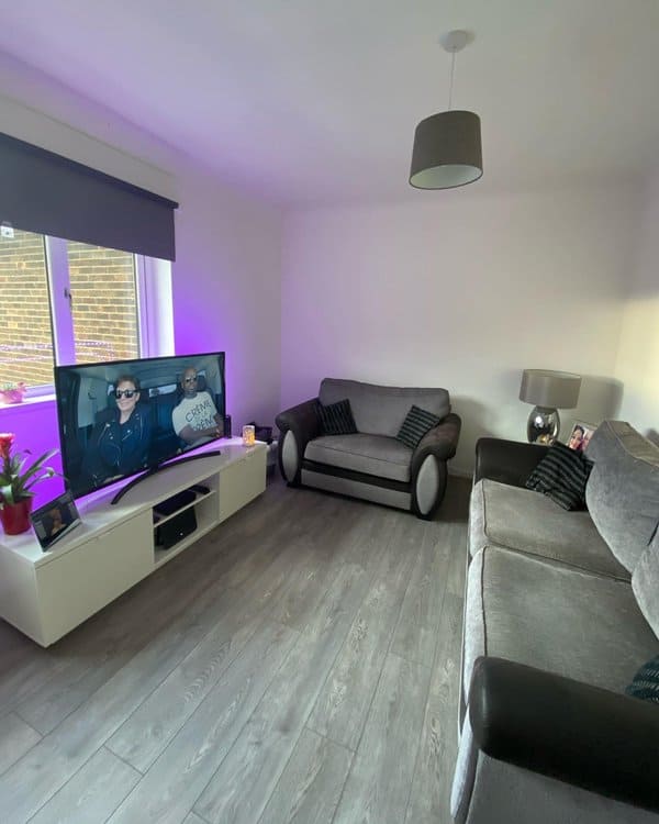 Small grey and white living room with cozy sofas, wood flooring, and ambient lighting.