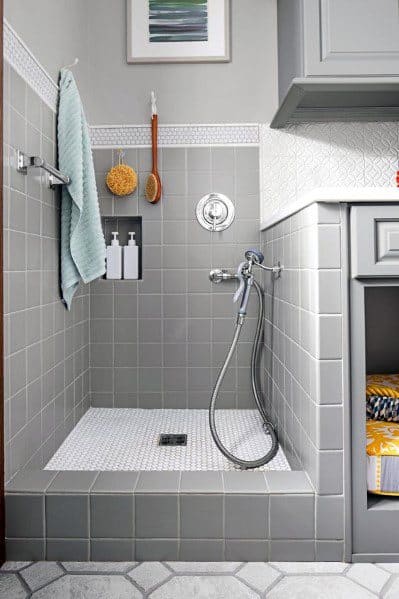 Grey And White Tile Contemporary Home Dog Wash Station Design Idea Inspiration