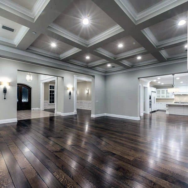 Grey Beam Coffered Ceiling Ideas With Grey Walls And Hardwood Flooring