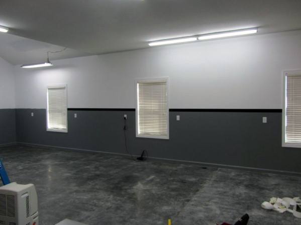 two tone white and gray garage with polished floor
