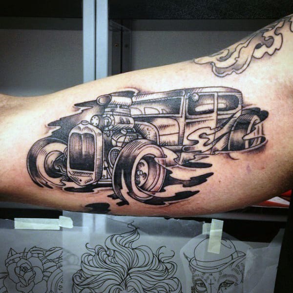 Grey Black Male Hot Rod Tattoo Forearms