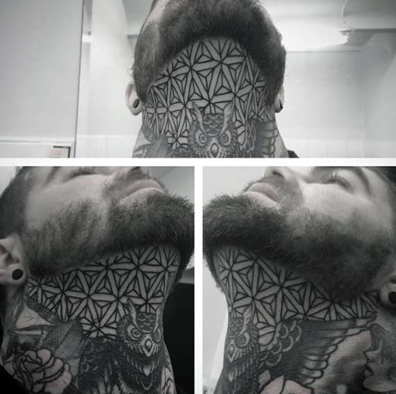 Throat tattoo featuring an intricate geometric pattern in black and gray, blending seamlessly into detailed owl and floral designs