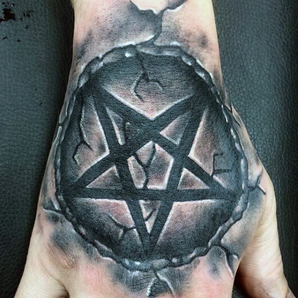Grey Black Pentagram Tattoo Guys Hands