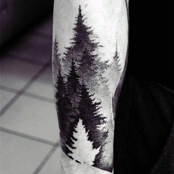 Grey Black Shaded Watercolor Tree Tatto Forearms