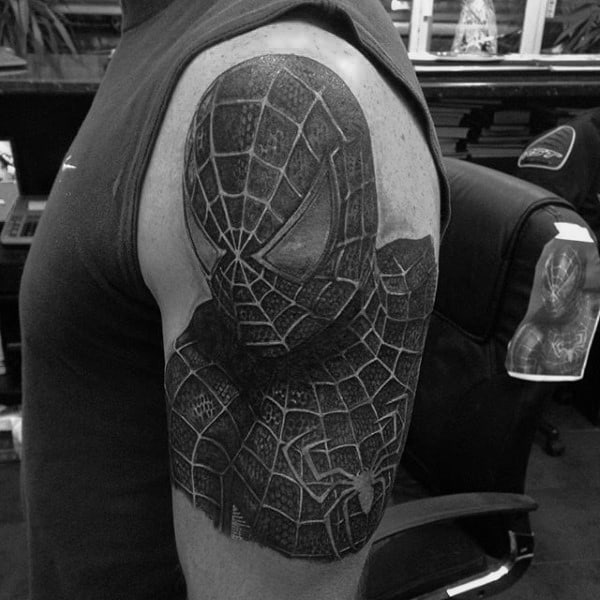 Grey Black Spiderman Tattoo Male Arms