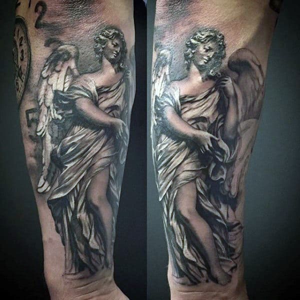 Grey Colored Guardian Angel Tattoo Guys Forearms