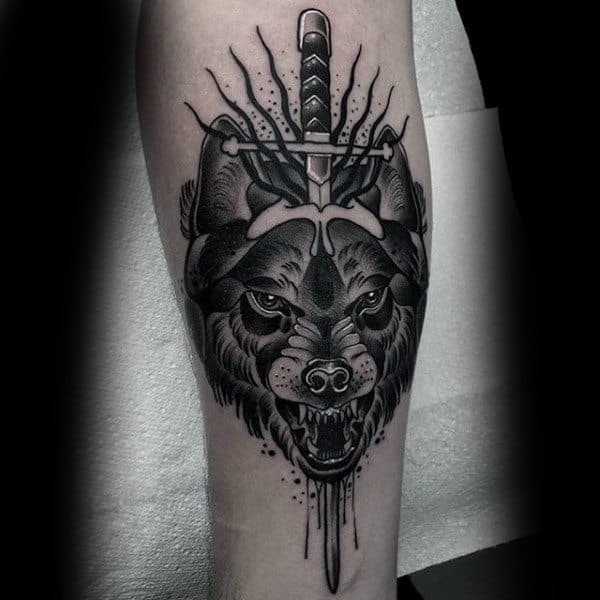 Grey Dagger Beast Tattoo Male Forearms