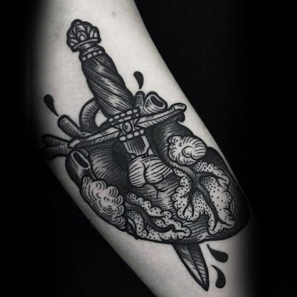 Grey Dagger In Heart Tattoo Male Forearms