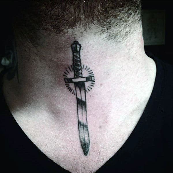 Grey Dagger Tattoo Male Neck