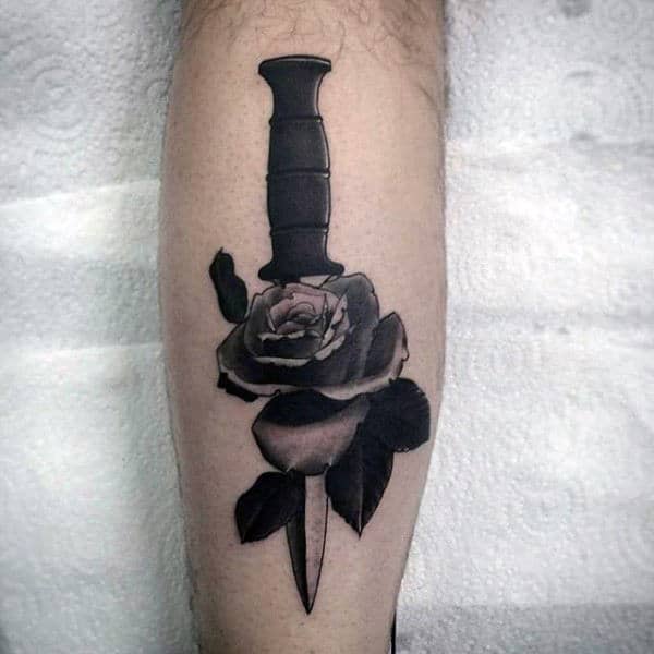 Grey Dagger Through Rose Tattoo Male Forearms