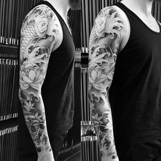 Grey Flowers Japanese Sleeve Tattoo For Guys