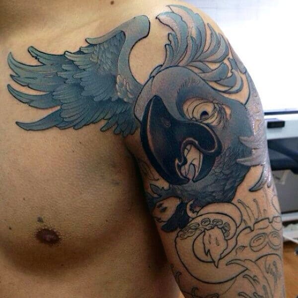 Grey Flying Eagle New School Tattoo On Male Arms