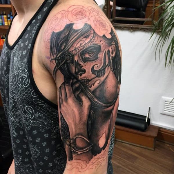 Grey Haunting Lady With Rose Headcover Day Of The Dead Tattoo