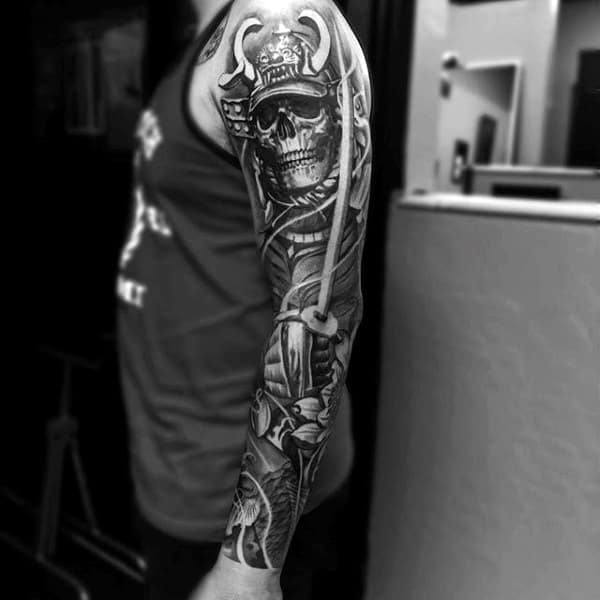Grey Horned Skull Japanese Sleeve Tattoo