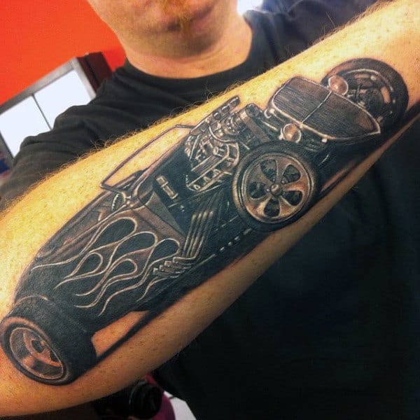 Grey Hot Rod Tattoo Male Forearms