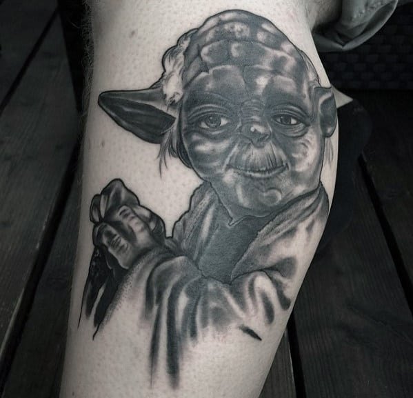 Grey Ink Heavily Shaded Male Side Of Leg Yoda Tattoos