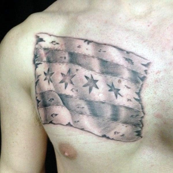 Grey Ink Shaded Male Chicago Flag Upper Chest Tattoo Ideas