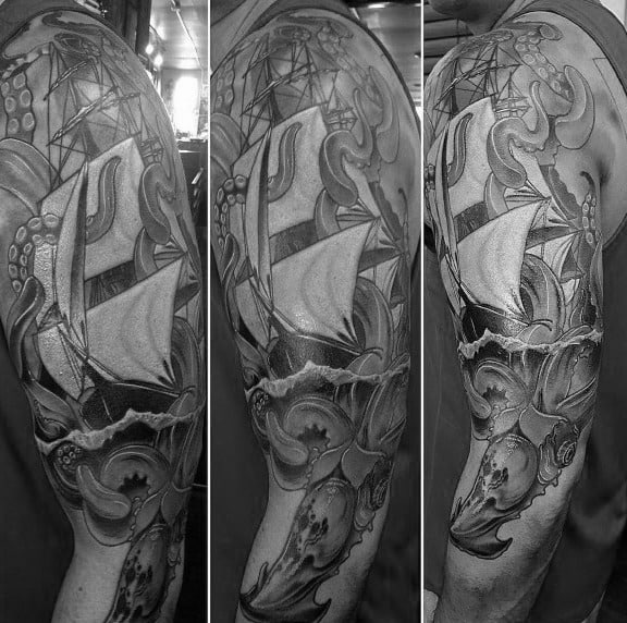 Grey Ink Shaded Male Kraken Sleeve Design For Tattoos