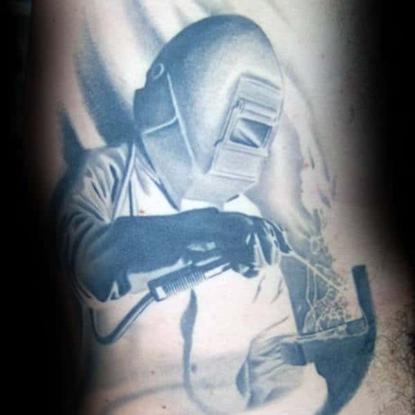 Grey Ink Shaded Welding Male Arm Tattoo Ideas
