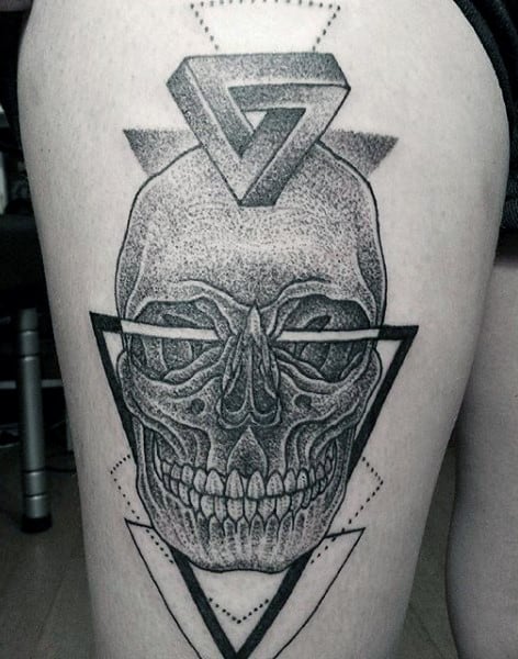 Grey Ink Skull And Penrose Triangle Tattoo On Thighs
