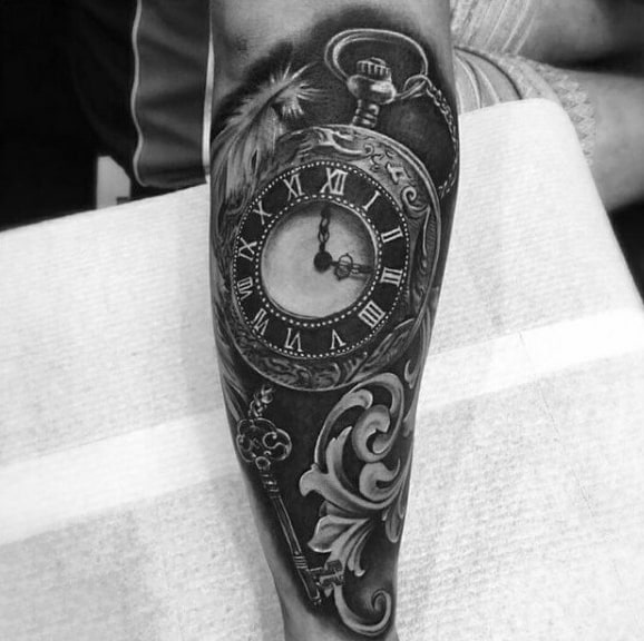 Grey Key Feather Pocket Watch Tattoo On Forearms Guys