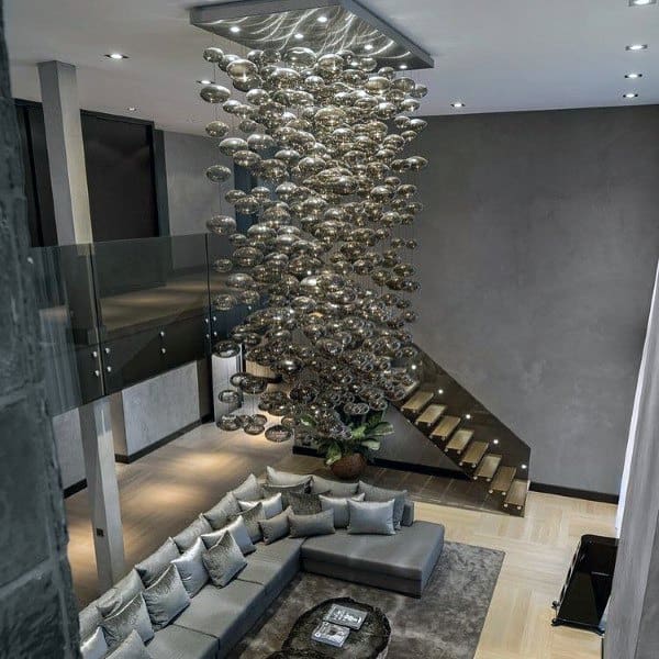 extravagant living room grey sectional sofa abstract ceiling light chandelier