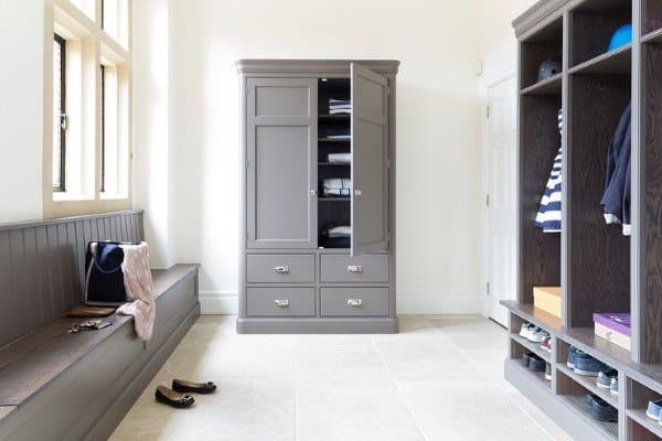 large mudroom with gray cabinets