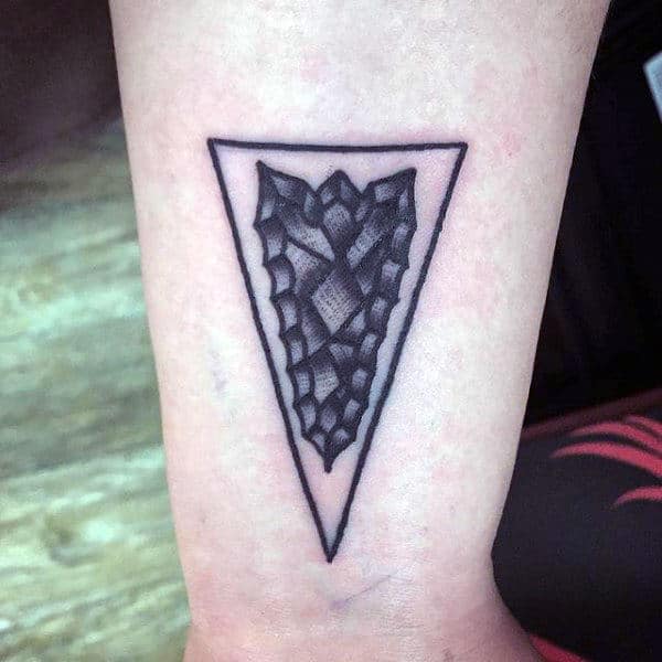 Grey Pencil Art Arrowhead Tattoo On Forearms For Men