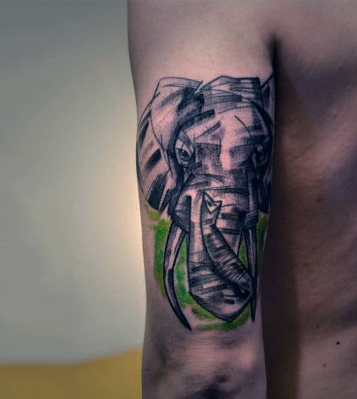 Grey Pencil Shaded Elephant With Green Smudge Tattoo Males Arms