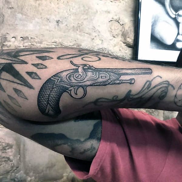 Grey Russian Pistol Tattoos On Forearms For Men