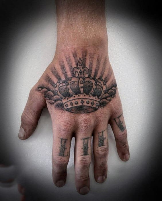 Grey Shaded Blazing Crown Tattoo On Hands