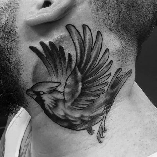 Grey Shaded Cardinal Flying Neck Tattoos For Gentlemen