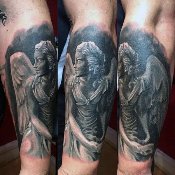 Grey Shaded Guardian Angel Tattoo Guys Calves