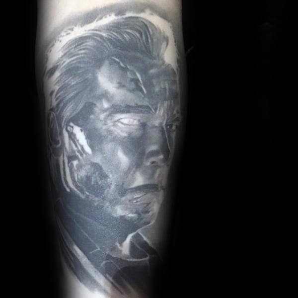 Grey Shaded Ink Tattoo Of Terminator For Men On Arm