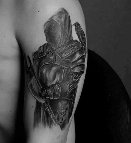 Grey Shaded Masked Warrior Tattoo Mens Arms