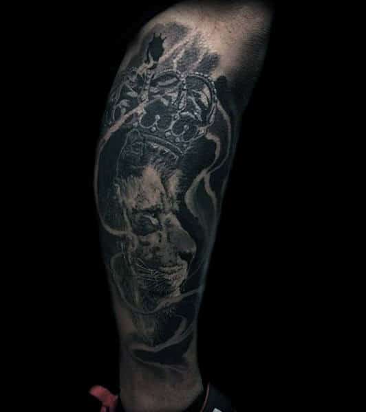 Grey Shaded Smoky Lion With Crown Tattoo On Arms For Males
