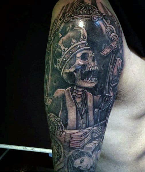Grey Skeleton With Crown Tattoo Upperarms For Guys