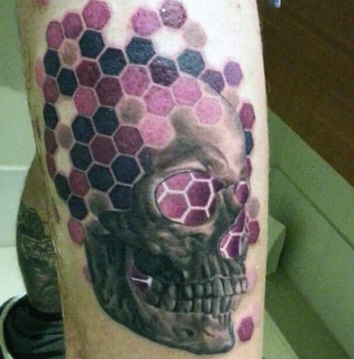 Grey Skull And Purple Honeycomb Tattoo Mens Upper Arms