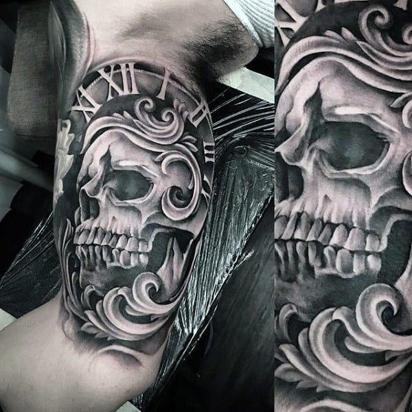 Grey Skull Designed Pocket Watch Tattoo On Arms For Guys