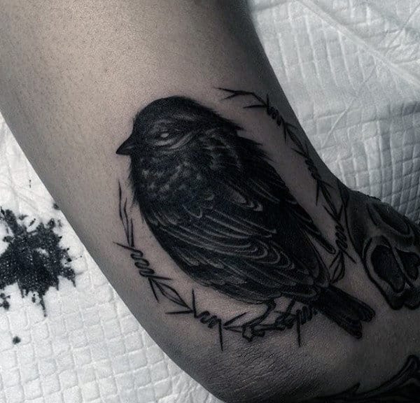 Grey Sparrow Tattoo With Detailed Feather Work Mens Arms