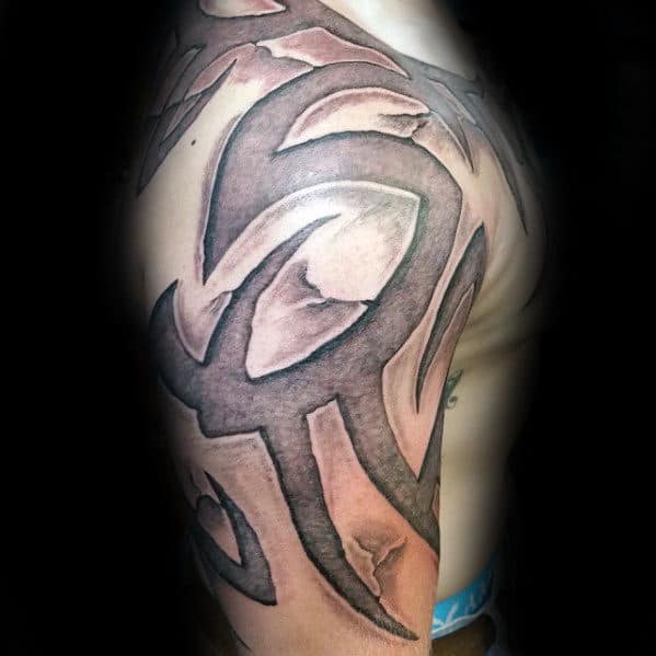 Grey Stone Guys Shoulder And Arm 3d Tribal Tattoo