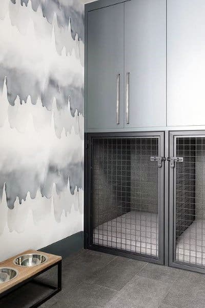 gray dog cages food and water bowls