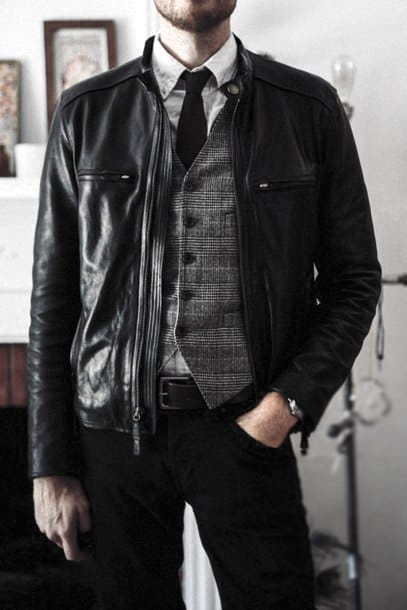 Grey Vest With Black Tie And White Dress Shirt How To Wear A Leather Jacket Leather Jacket Style Ideas For Guys