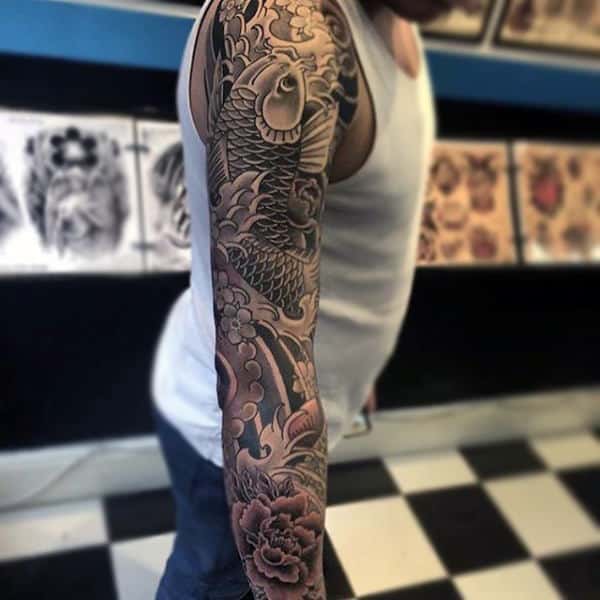 Grey White Fish Japanese Sleeve Tattoo